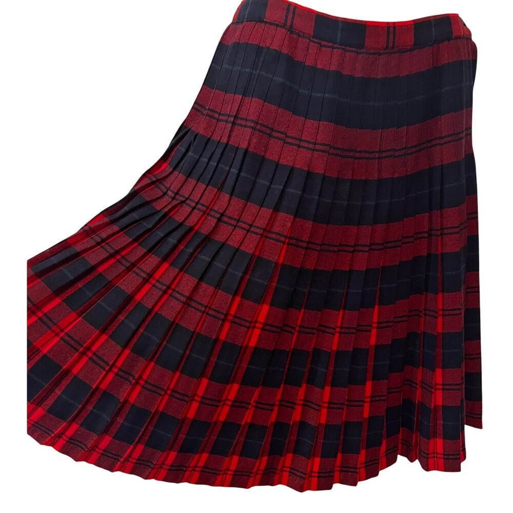 Vintage Pendleton red black plaid wool skirt pleated midi small academia preppy